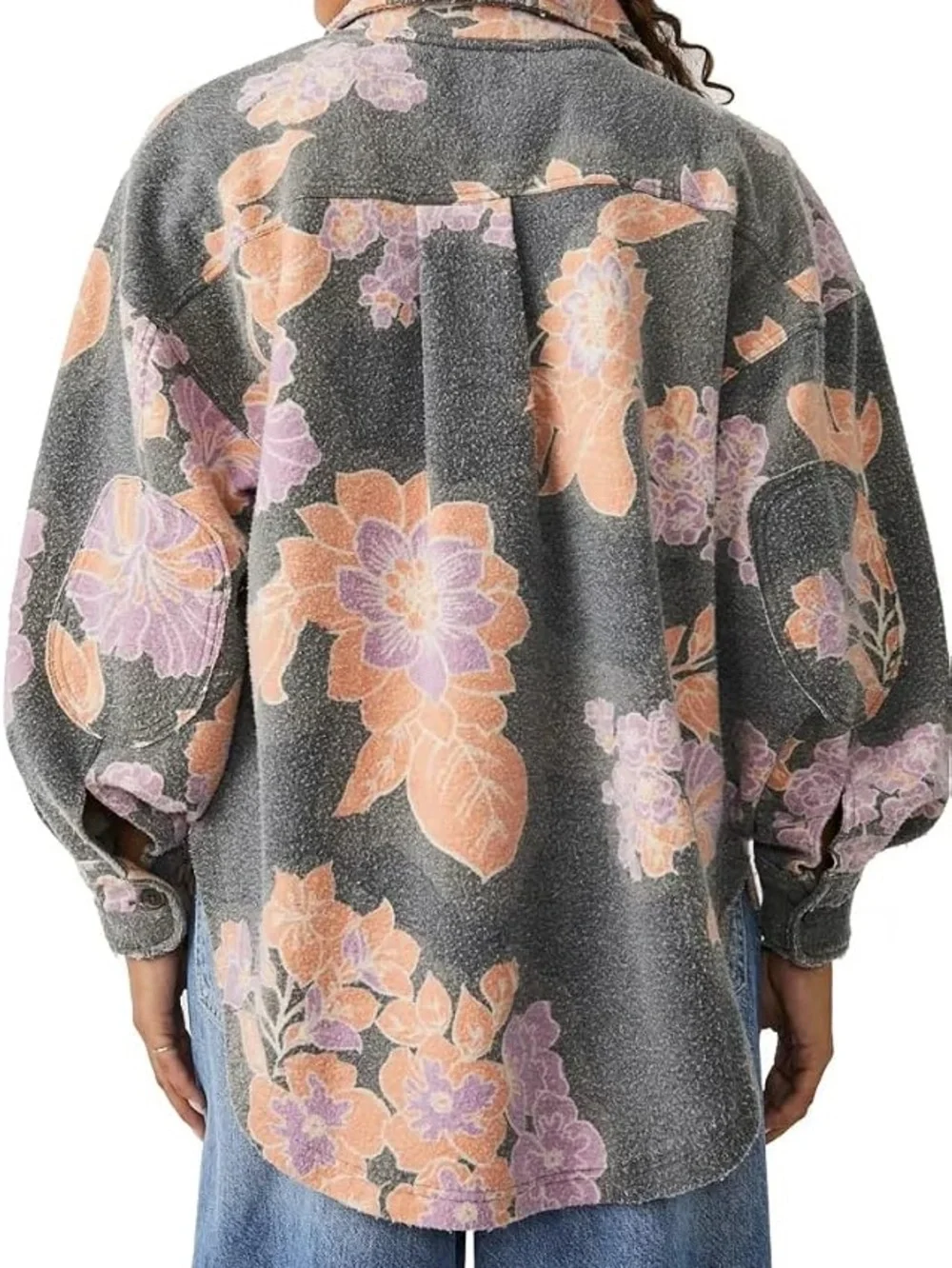 Free People Floral Button-Front Shacket in Gray, Peach & Lavender - Picture 2 of 4